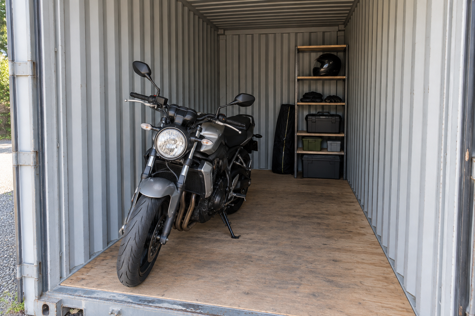 バイクと用品棚を一緒に配置した収納イメージ